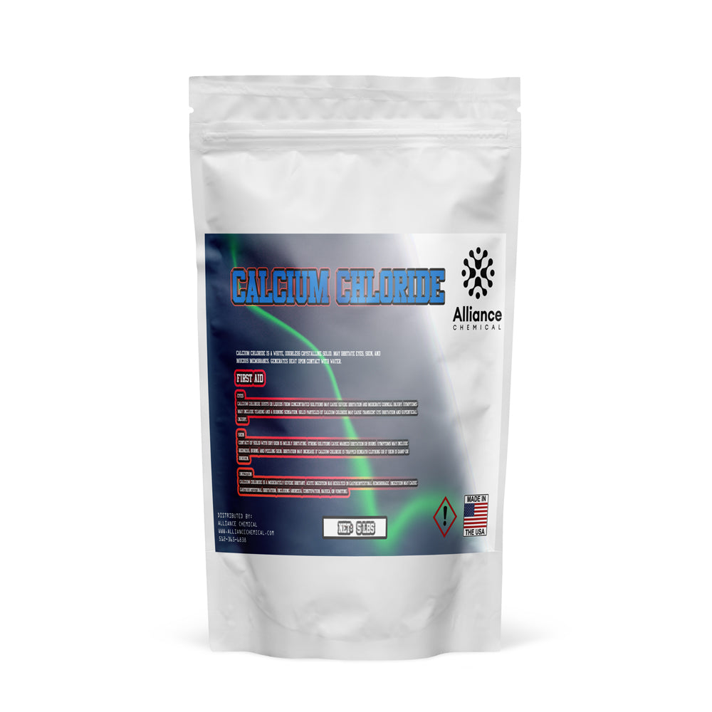 5lb Calcium Chloride in resealable white stand-up pouch, Alliance Chemical brand, hazard warning symbol, made in USA, industrial-grade chemical.